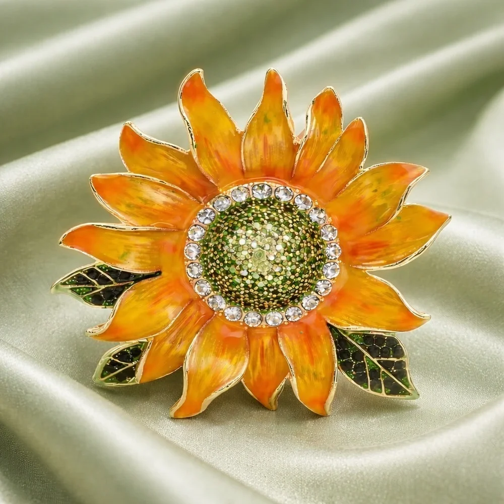 Floral Sunflower Brooch Pin – Crystal Rhinestone Flower Jewelry